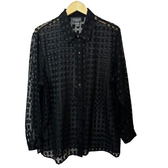 Notations Black Sheer Blouse Button Up Womens 1X Vamp Goth Witchy Elegant Dressy - Picture 1 of 6